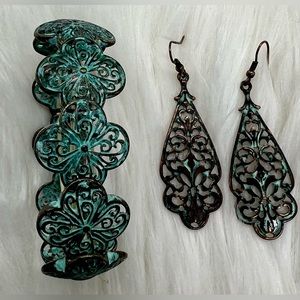 Patina finished earring and stretch bracelet set